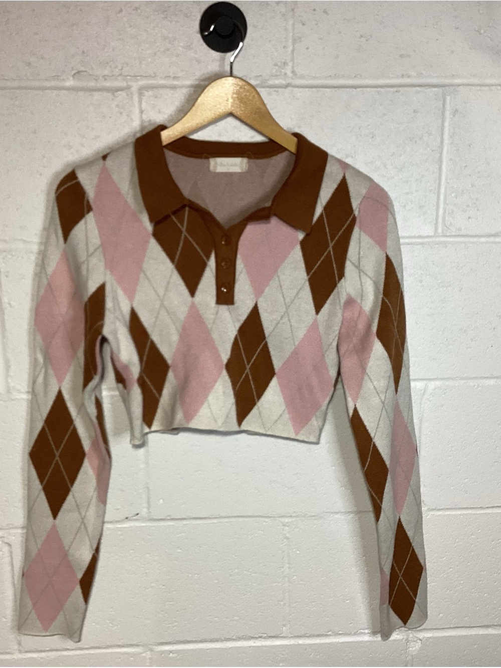 Altar'd State Cropped Argyle Polo Sweater - Pink / Brown / Cream